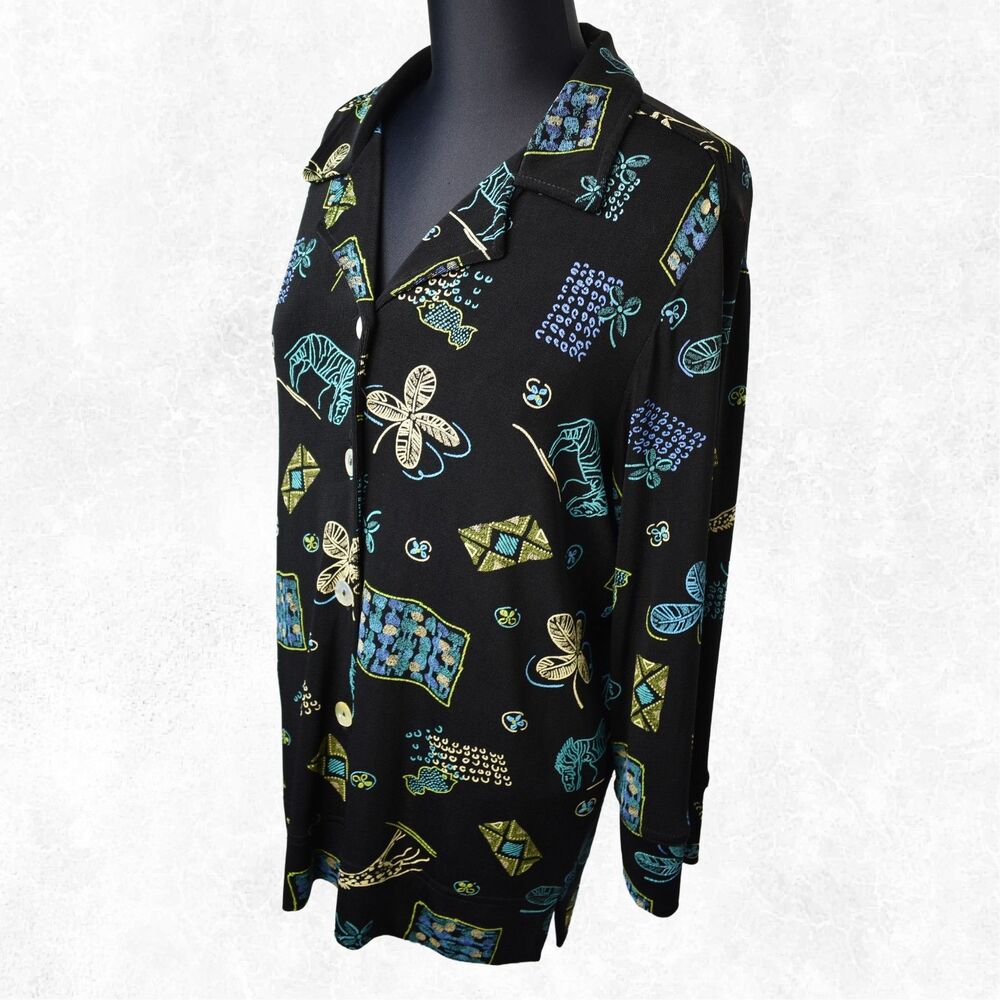 Black Safari Animal Print Knit Jacket Top Women's Size S Coldwater Creek Button